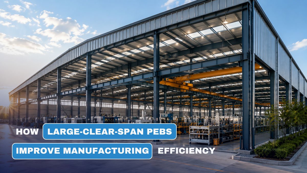 Large-clear-span Pre-Engineered Building for manufacturing with column-free industrial workspace